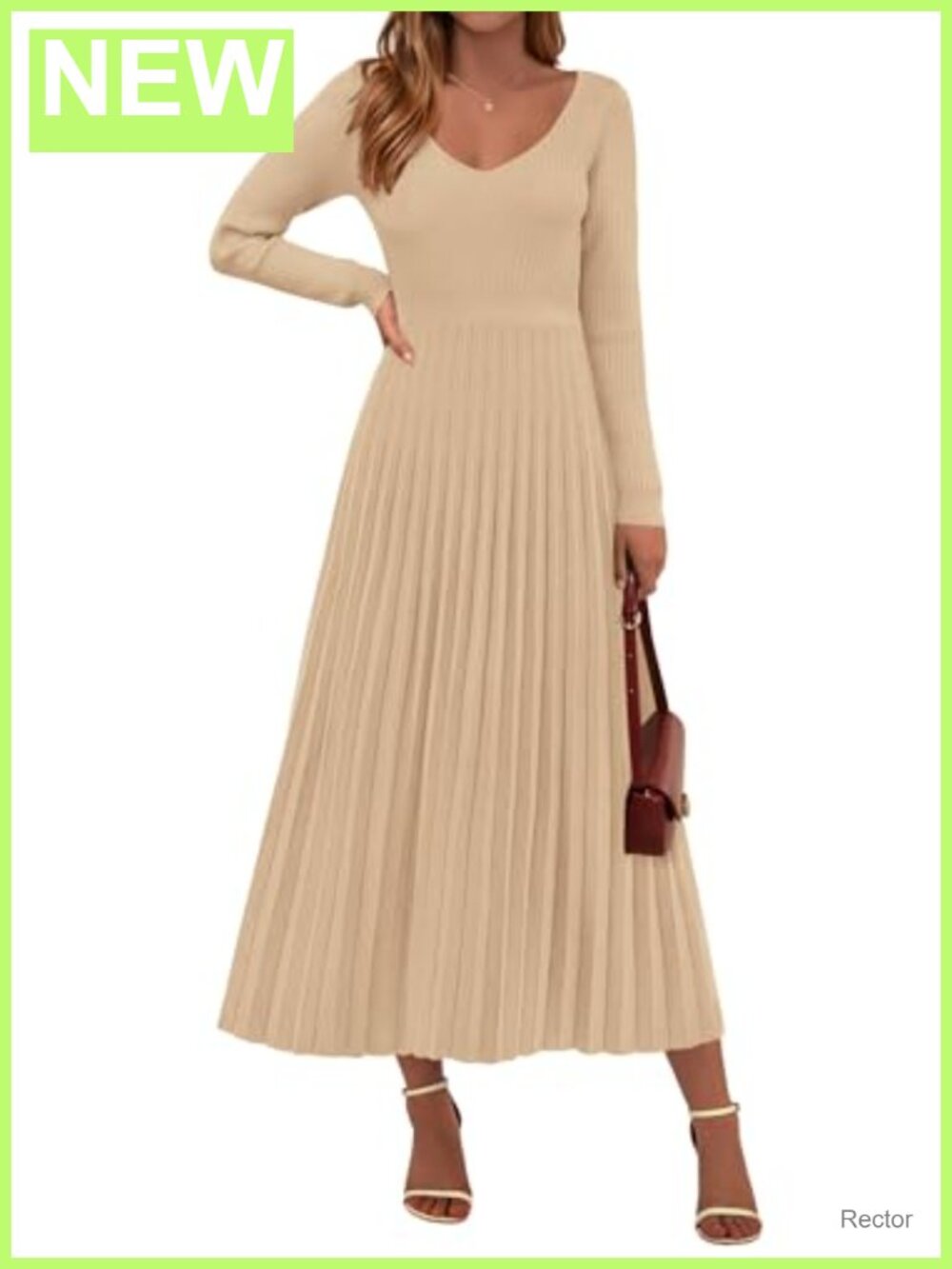 Ribbed Knit Sweater Maxi Dress Long Sleeve V-Neck Pleated A-Line Flowy